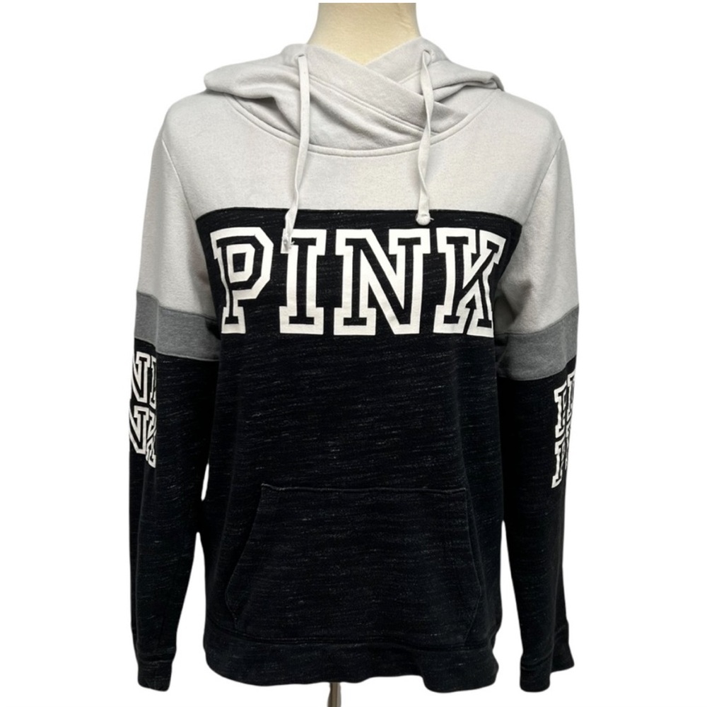 Victoria’s Secret Pink Gray White Colorblock Pullover Drawstring Logo Hoodie S
